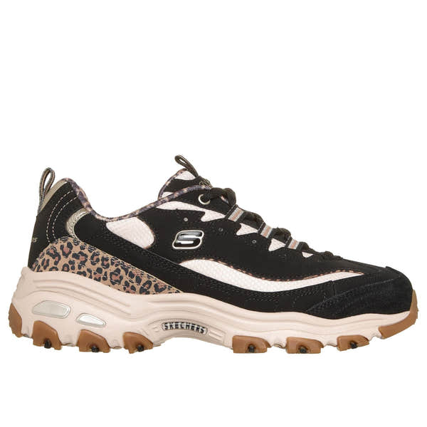 Skechers 150877 D'Lites-Wild Charm Ladies Black Textile Shoes, front three-quarter view.