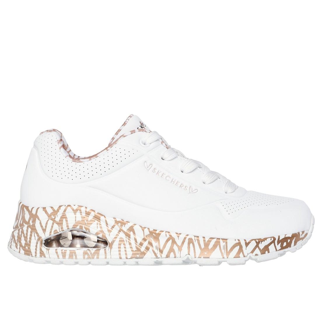 Skechers Uno Loving Love ladies white and rose gold lace-up trainers with patterned sole and decorative details.