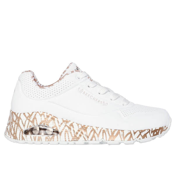 Skechers Uno Loving Love ladies white and rose gold lace-up trainers with patterned sole and decorative details.