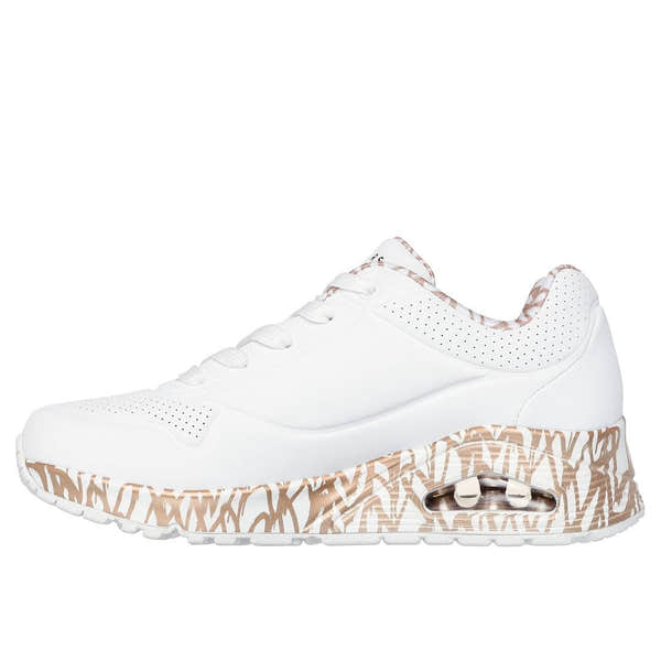 Skechers Uno Loving Love women's white and rose gold lace-up trainers with patterned sole and cushioned design.