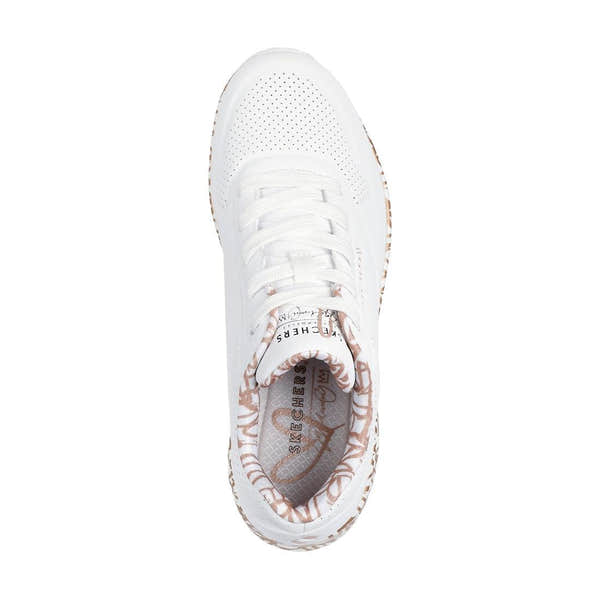 Skechers Uno Loving Love ladies white and rose gold lace-up trainers, perforated upper, cushioned insole, stylish and comfortable.
