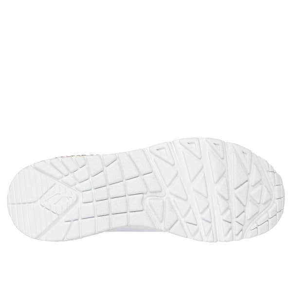 Skechers Uno Loving Love ladies white and rose gold lace-up trainers with textured rubber sole.