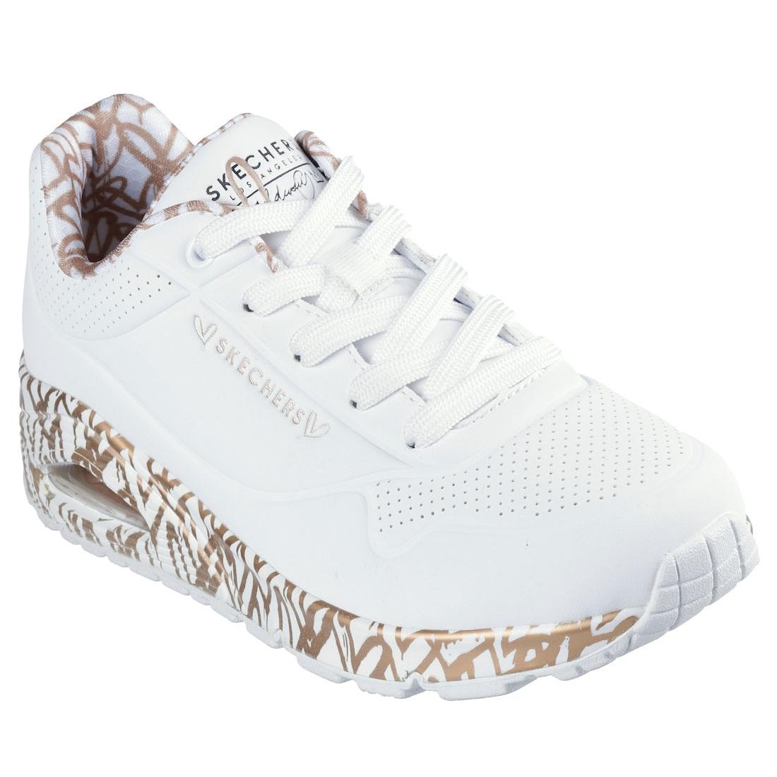 Skechers Uno Loving Love women's white and rose gold lace-up trainers with patterned sole and branded details.