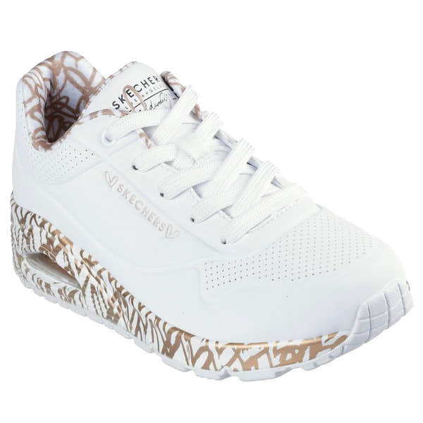 Skechers Uno Loving Love women's white and rose gold lace-up trainers with patterned sole and branded details.