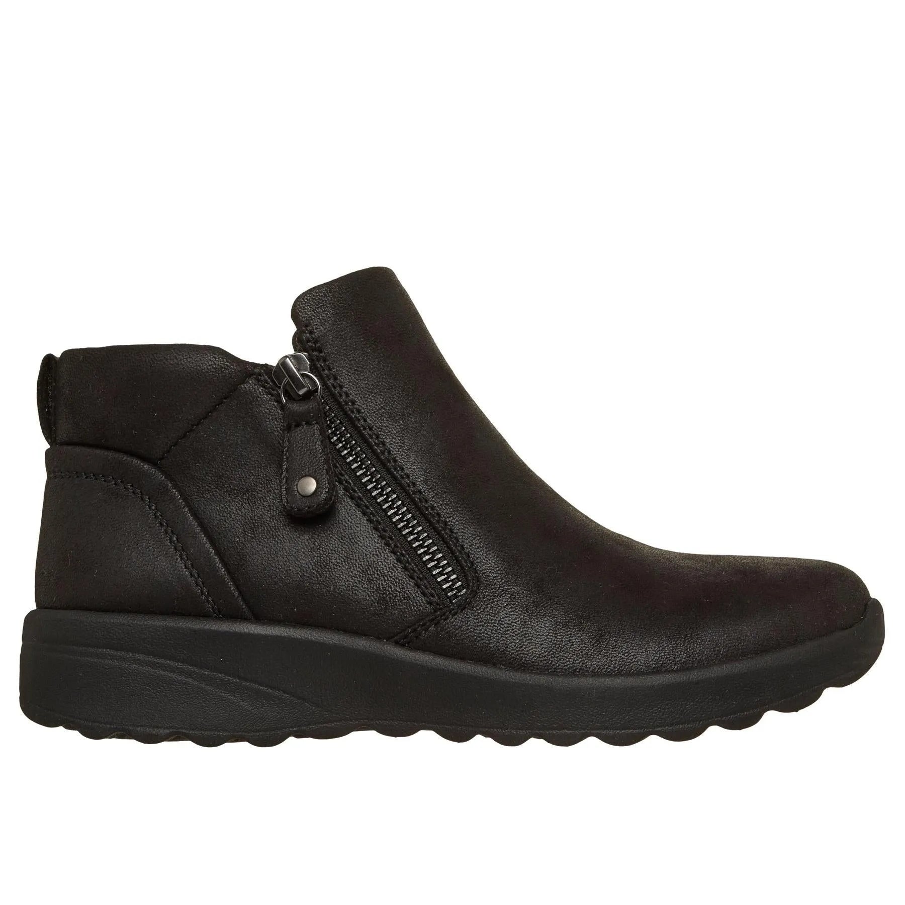 Skechers Ladies Black Vegan Leather Ankle Boots with Side Zip, slip-on design, and cushioned sole.