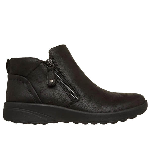 Skechers Ladies Black Vegan Leather Ankle Boots with Side Zip, slip-on design, and cushioned sole.