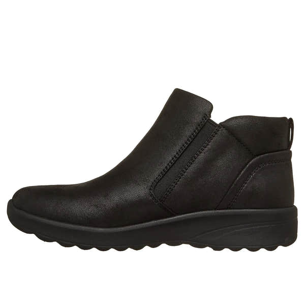 Skechers Ladies Black Vegan Leather Ankle Boots with Side Zip, Fall In Bloom Lovely Vibe style, featuring a sleek design and comfortable sole.