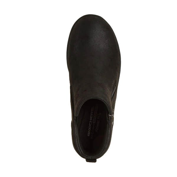 Skechers Ladies Black Vegan Leather Ankle Boots with Side Zip, Fall In Bloom Lovely Vibe style, lightweight and stylish.