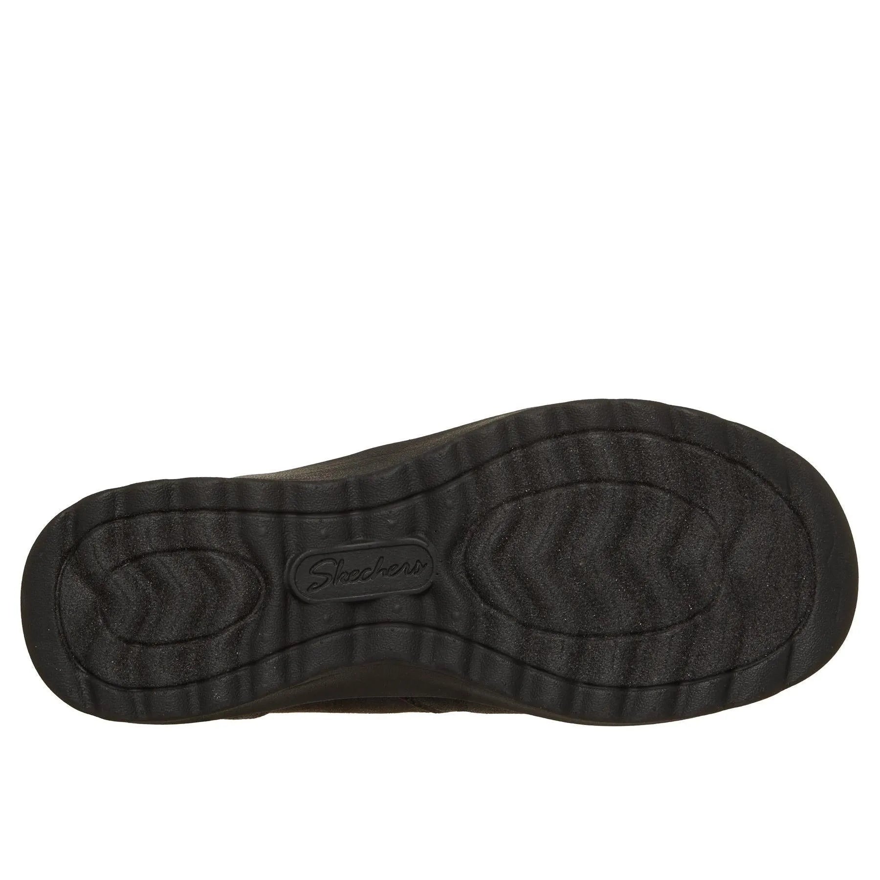 Skechers Ladies black vegan leather ankle boots with side zipper, featuring a textured sole and 