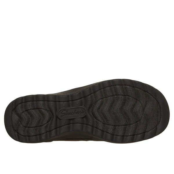 Skechers Ladies black vegan leather ankle boots with side zipper, featuring a textured sole and "Lovely Vibe - Fall In Bloom" design.