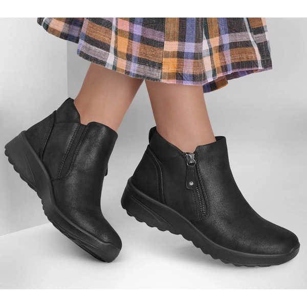 Skechers Lovely Vibe fall ankle boots for women, black vegan leather, side zipper, wedge sole, stylish and comfortable.