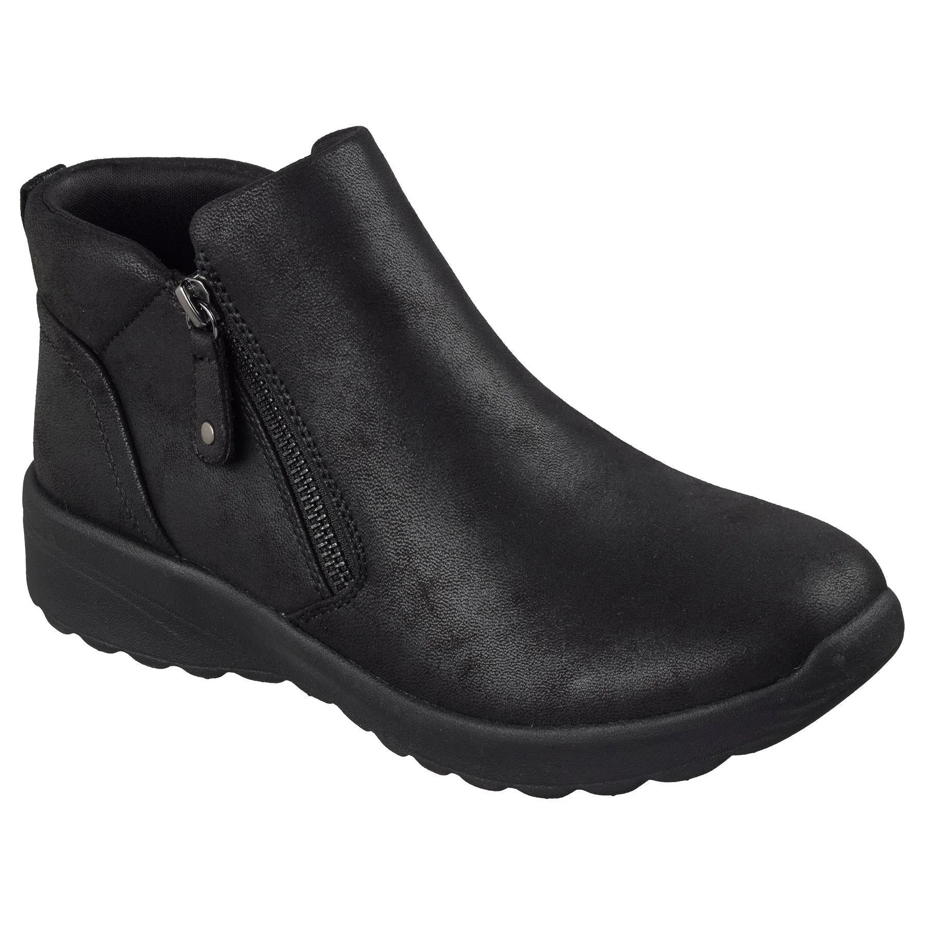 Skechers Lovely Vibe Fall In Bloom women's black vegan leather ankle boots with side zipper and slip-on design.