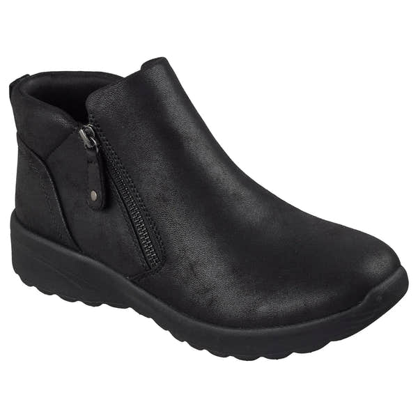 Skechers Lovely Vibe Fall In Bloom women's black vegan leather ankle boots with side zipper and slip-on design.