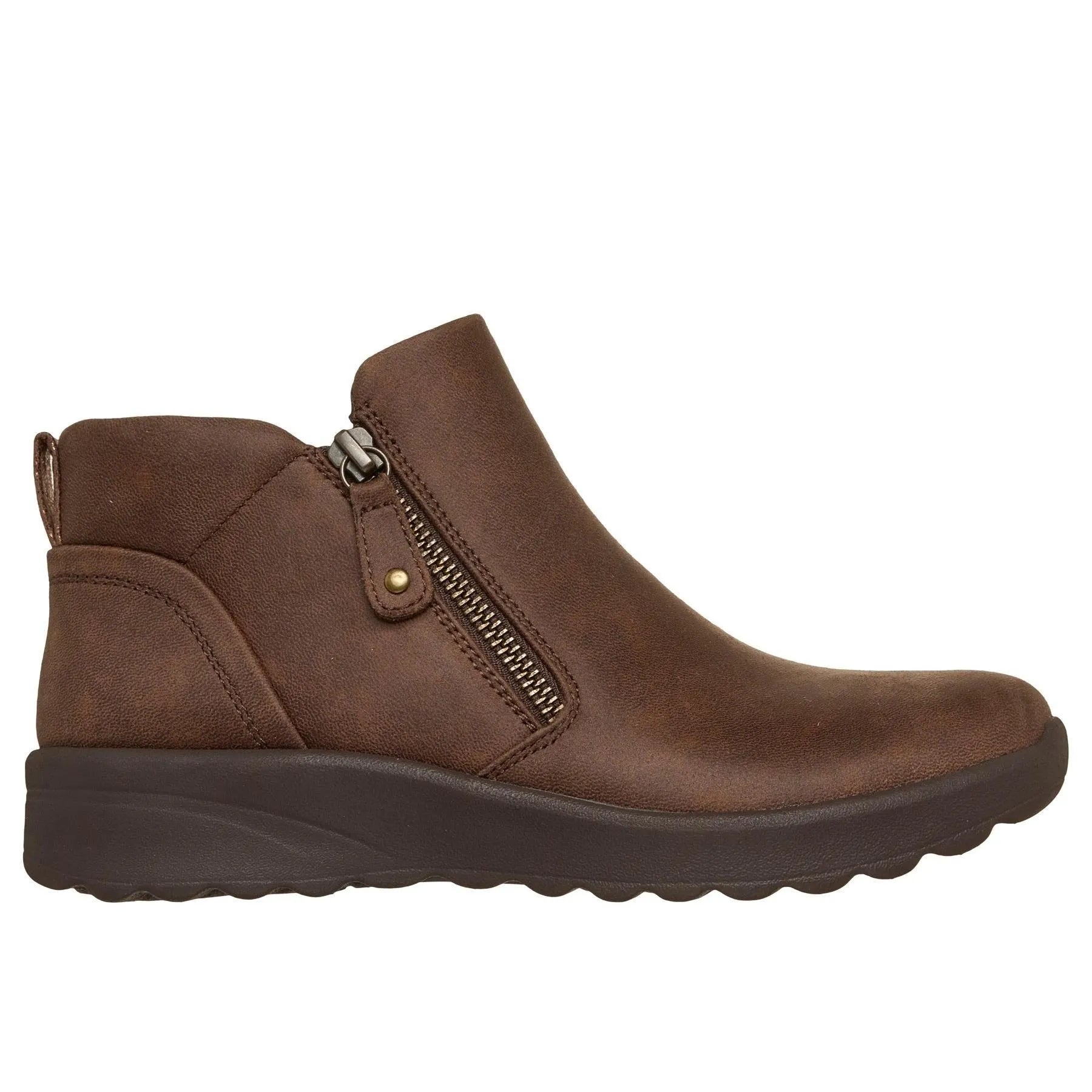 Skechers Ladies Autumn Brown Vegan Leather Ankle Boots with Zipper, Side Zip, Slip-On Design, Comfortable Flat Sole, Fall Fashion.