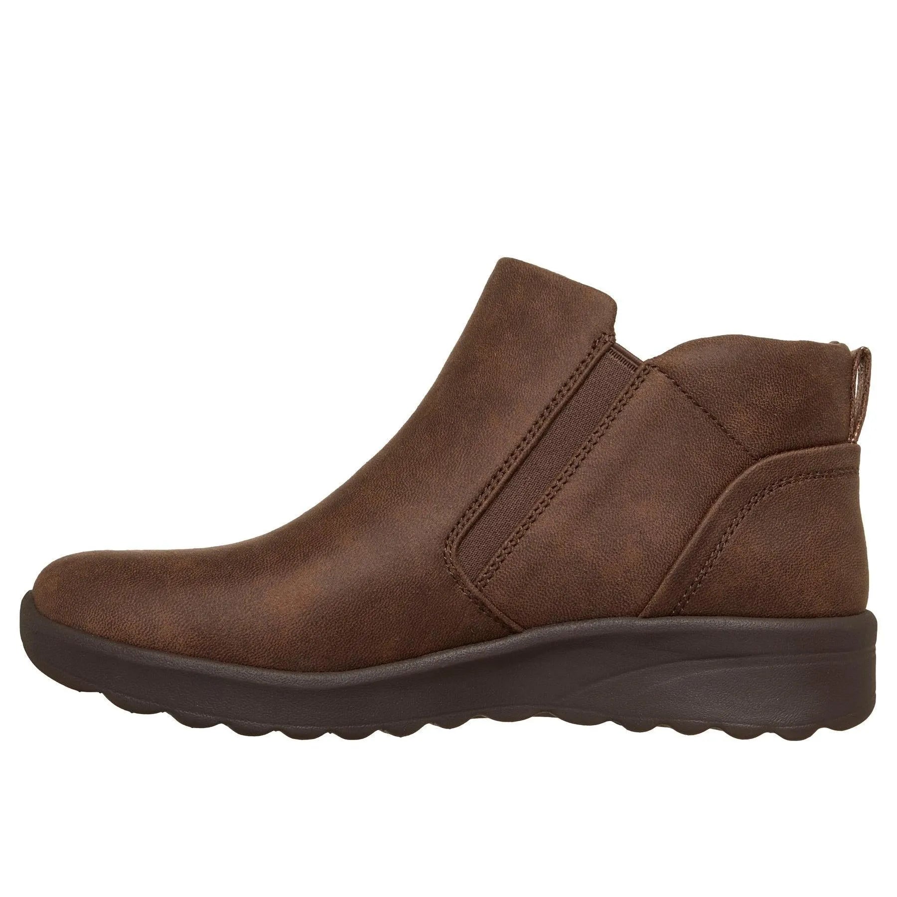 Skechers Lovely Vibe fall ankle boots for women, vegan leather, side zip, chocolate color, slip-on design with cushioned sole.