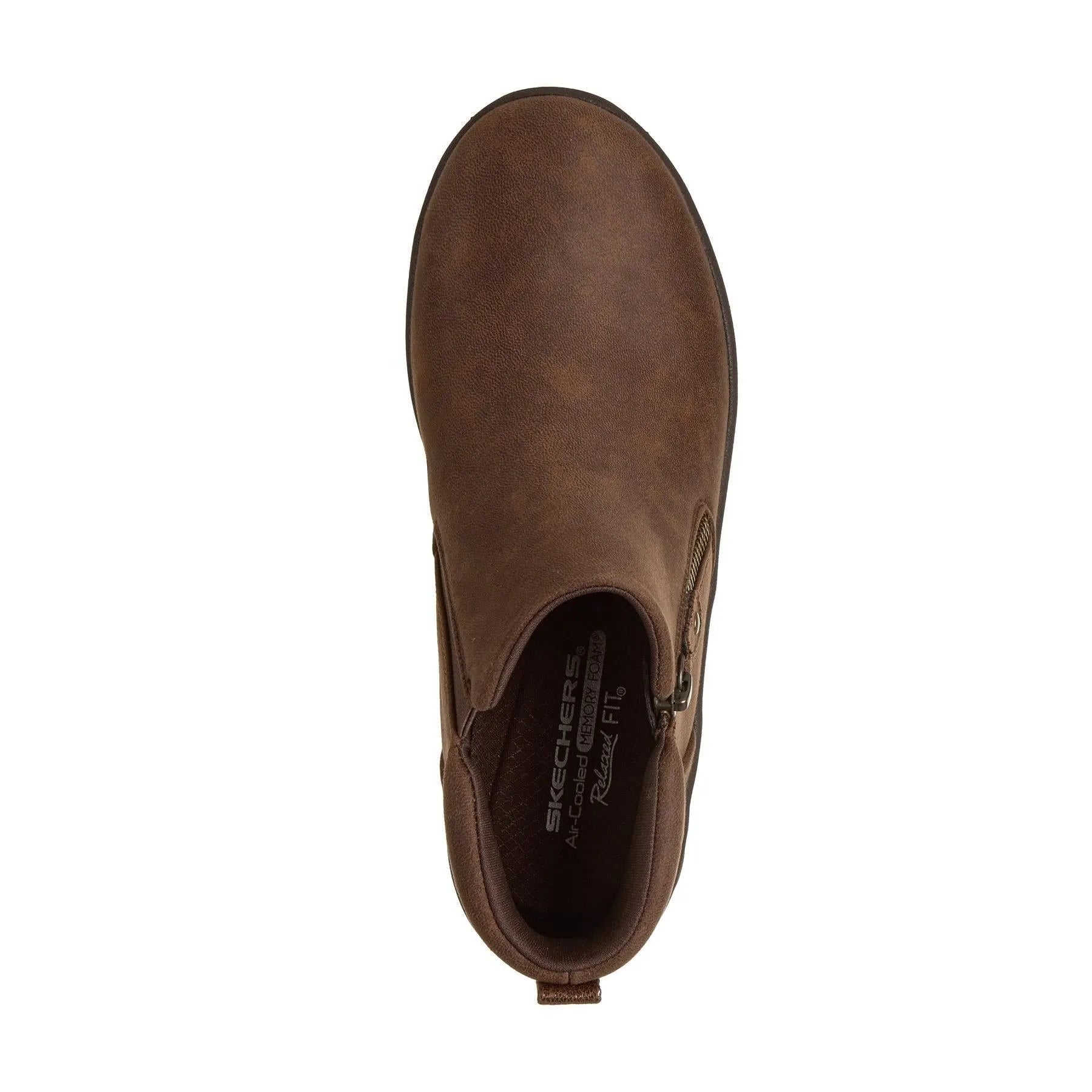 Skechers Ladies Vegan Leather Ankle Boots, Fall In Bloom style, with side zipper, brown color, and slip-on design.