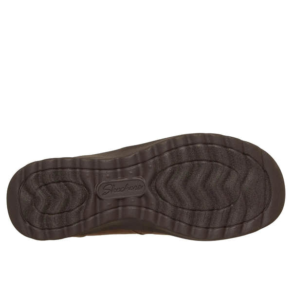 Skechers Ladies Vegan Leather Ankle Boots, side zip, chocolate color, stylish fall footwear with textured sole and "Lovely Vibe" design.