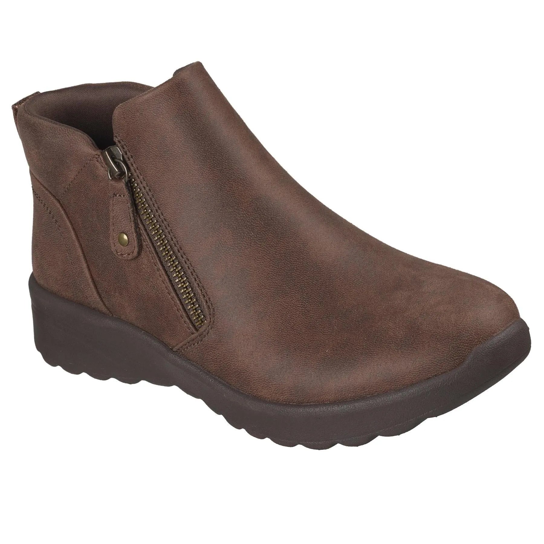 Skechers Ladies Fall In Bloom vegan leather ankle boots with side zipper, in chocolate brown.