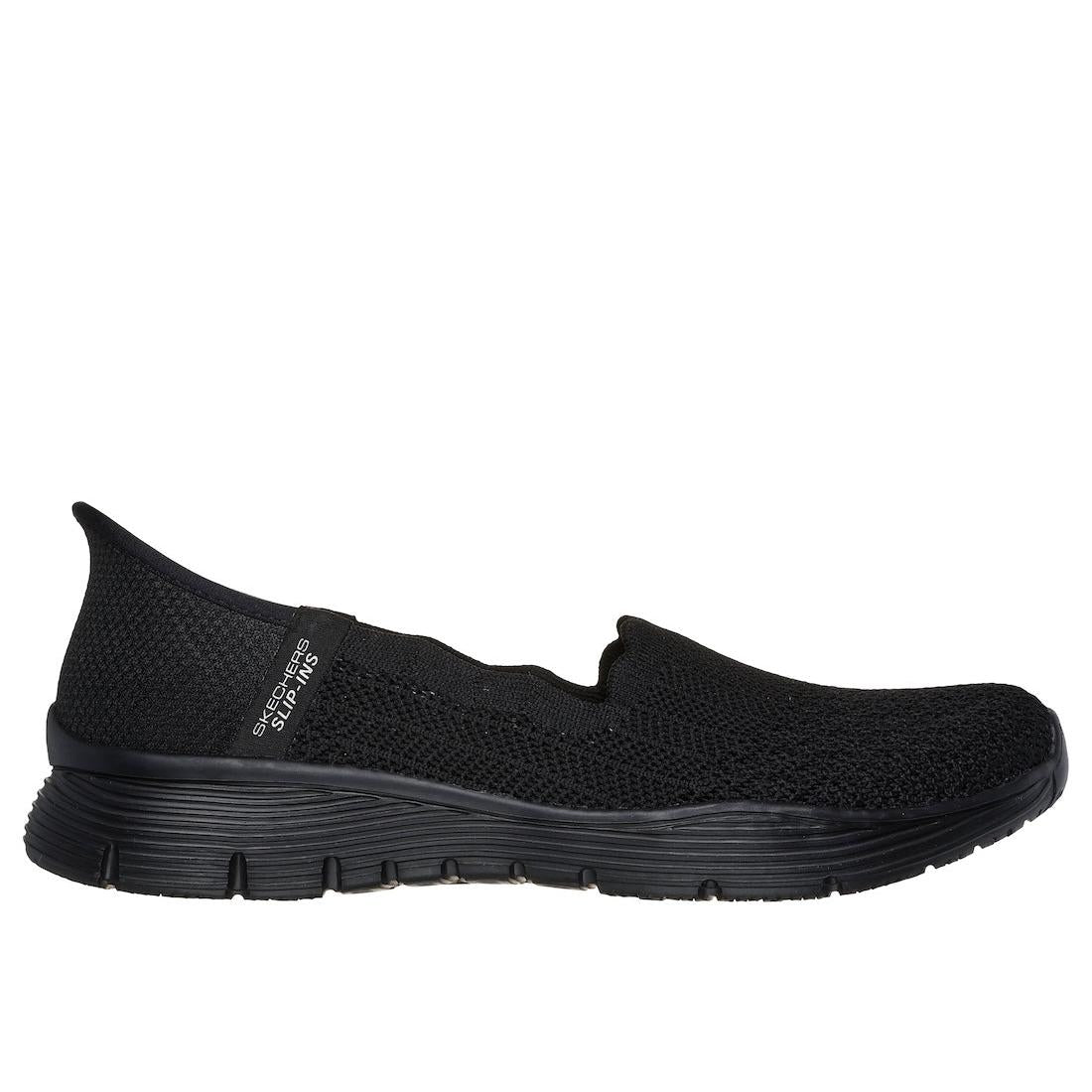 Skechers Seager Believe It women's black slip-on athletic shoes with breathable textile upper and cushioned sole.