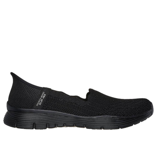 Skechers Seager Believe It women's black slip-on athletic shoes with breathable textile upper and cushioned sole.