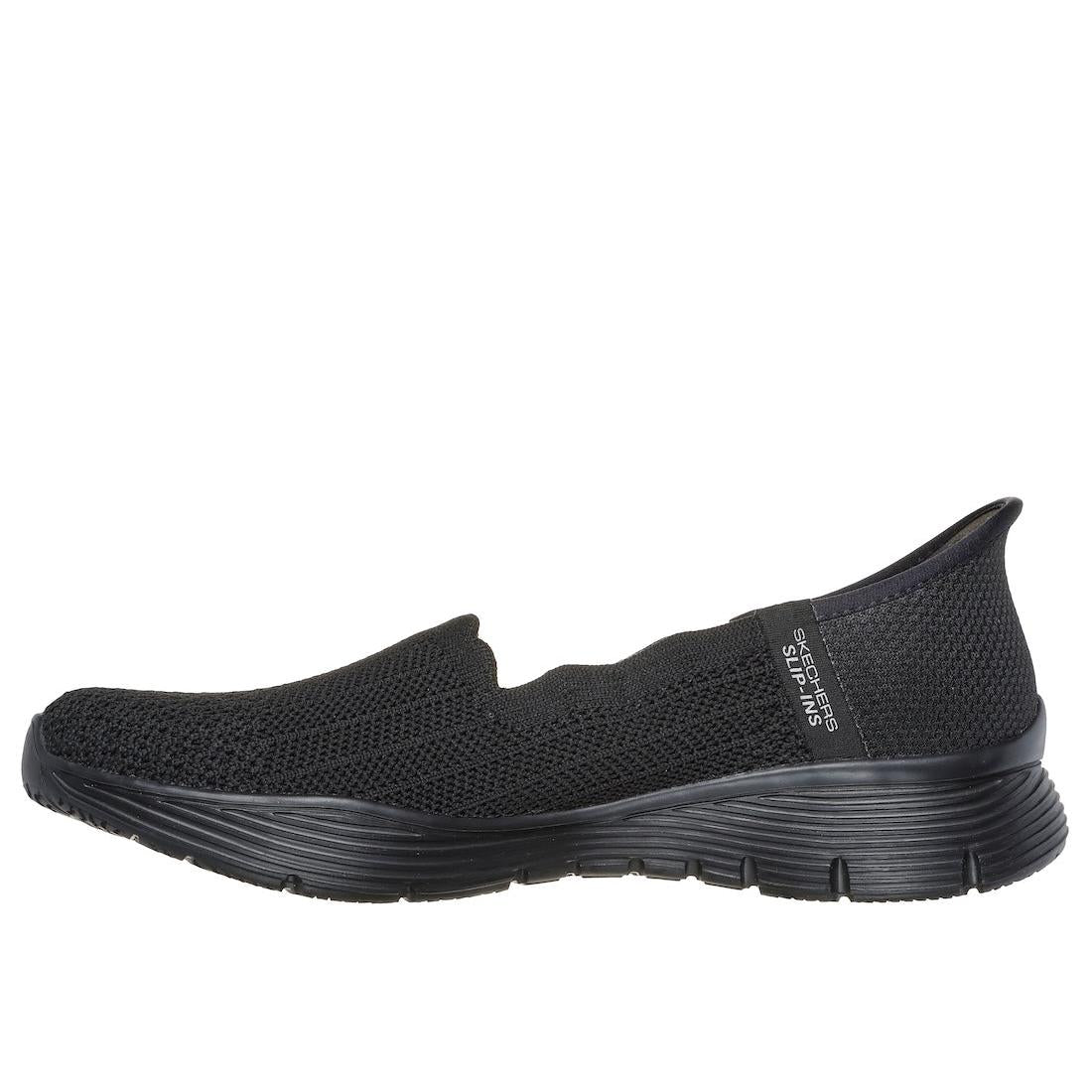 Skechers Seager Believe It women's black textile slip-on shoes with sporty design and cushioned sole.