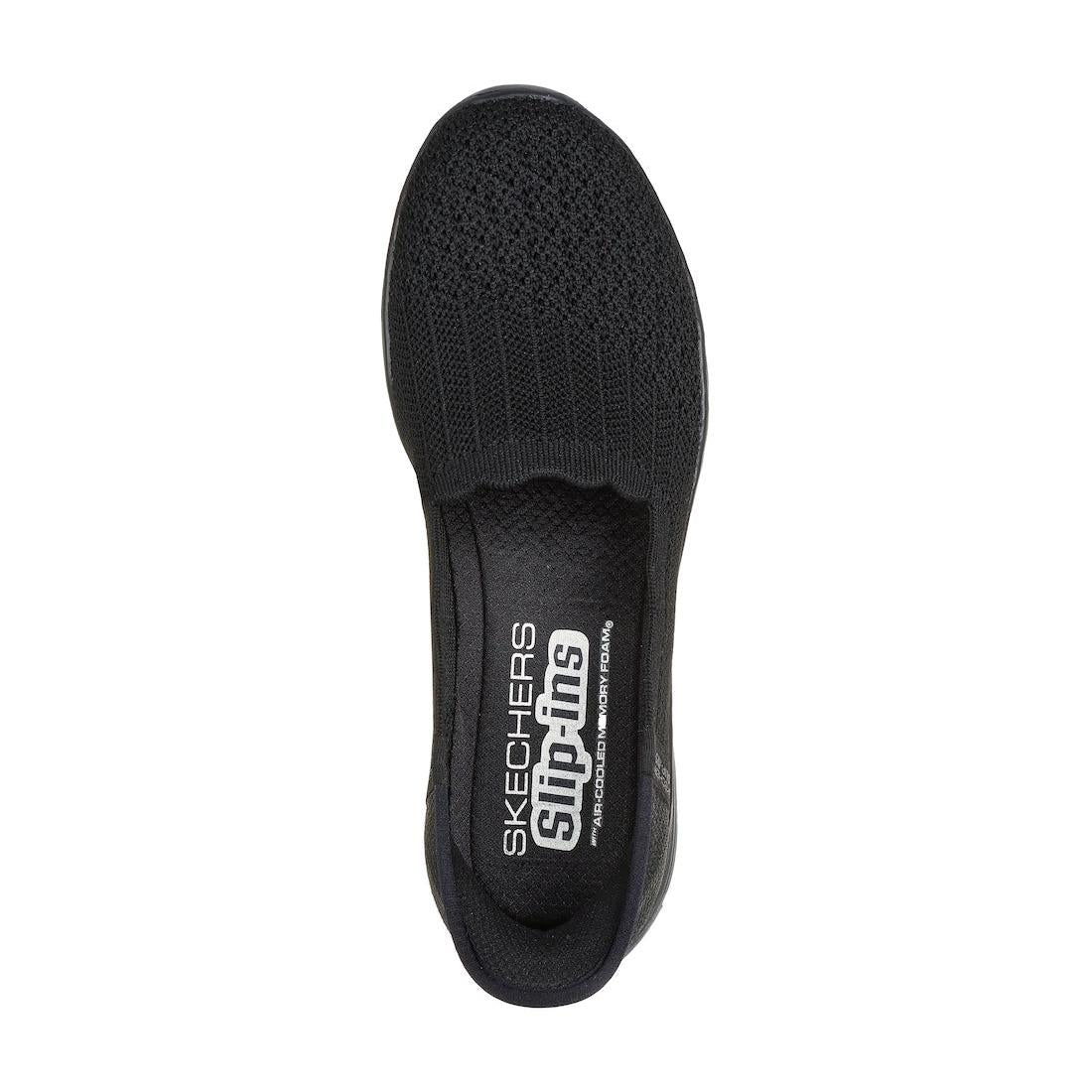 Black Skechers Seager Believe It slip-on shoes for women, lightweight textile upper, cushioned insole, easy slip-on design.