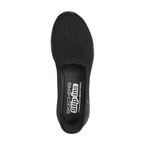 Black Skechers Seager Believe It slip-on shoes for women, lightweight textile upper, cushioned insole, easy slip-on design.