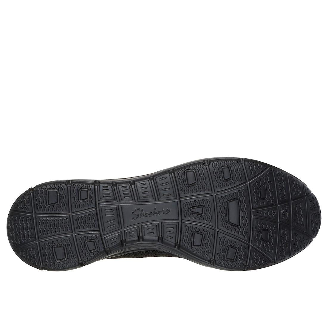Skechers Seager Believe It women's black textile slip-on shoes, rubber outsole, breathable design, comfortable and stylish footwear.