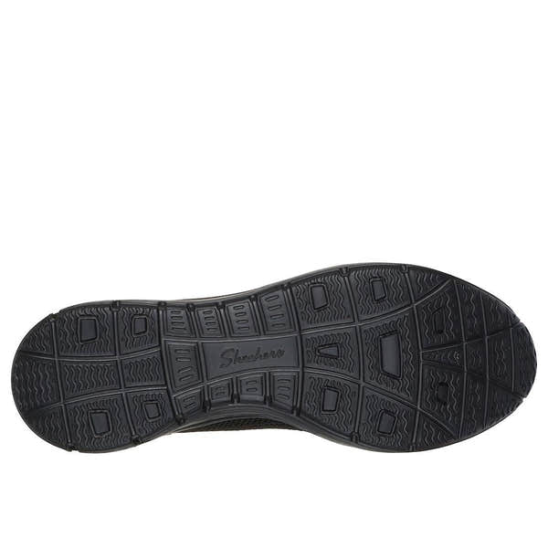 Skechers Seager Believe It women's black textile slip-on shoes, rubber outsole, breathable design, comfortable and stylish footwear.