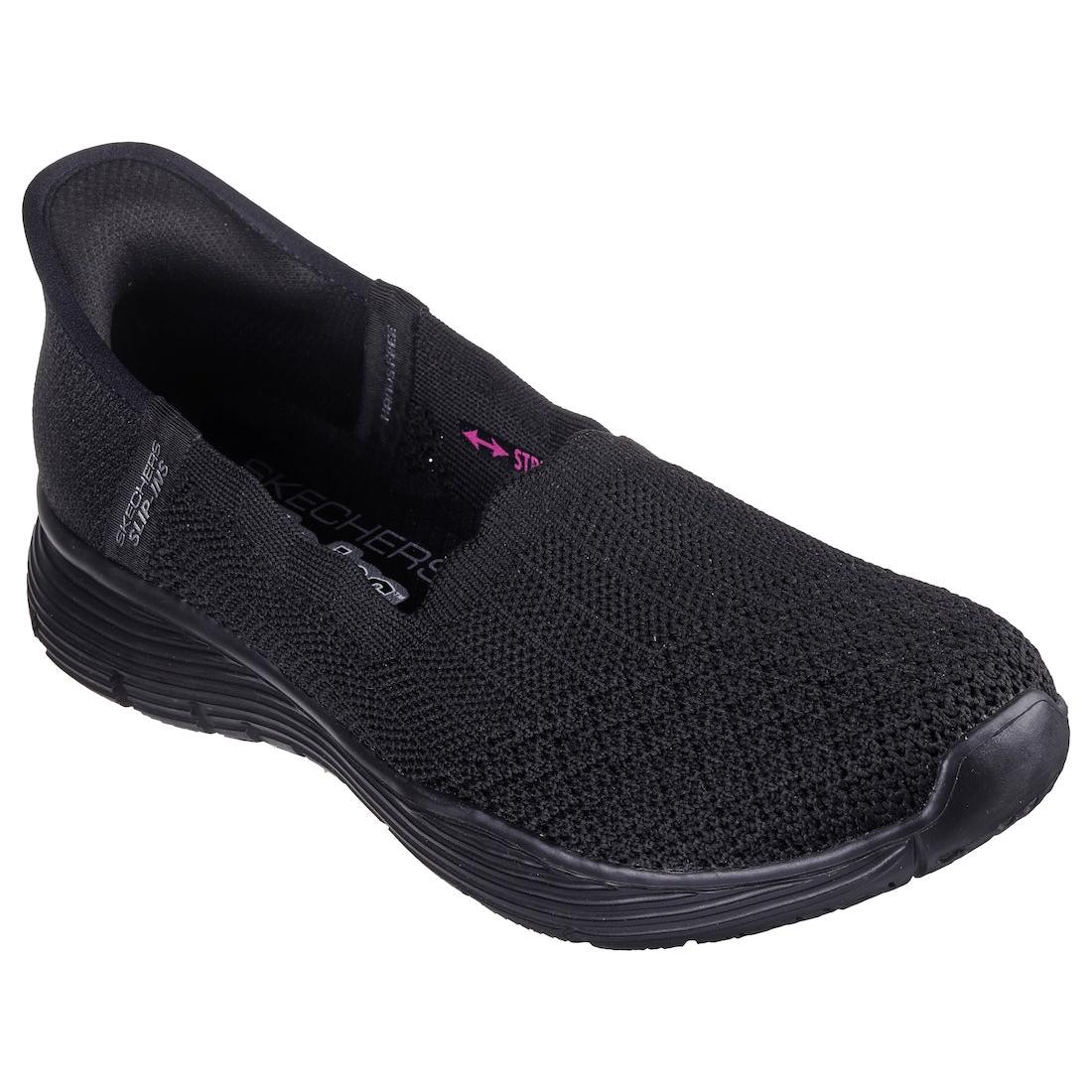 Skechers Seager Believe It women's black slip-on shoes with textile upper and cushioned sole.