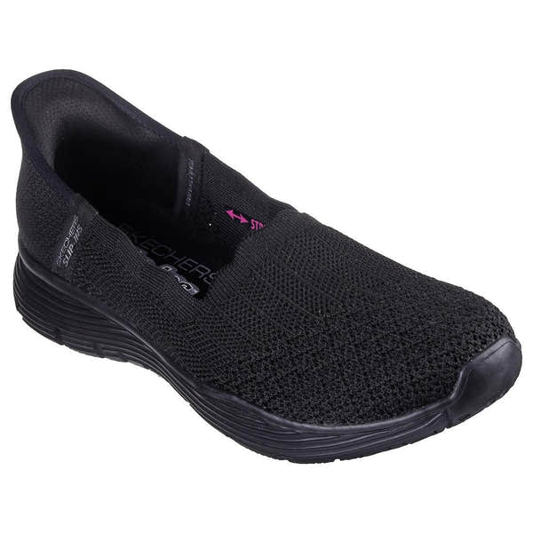 Skechers Seager Believe It women's black slip-on shoes with textile upper and cushioned sole.