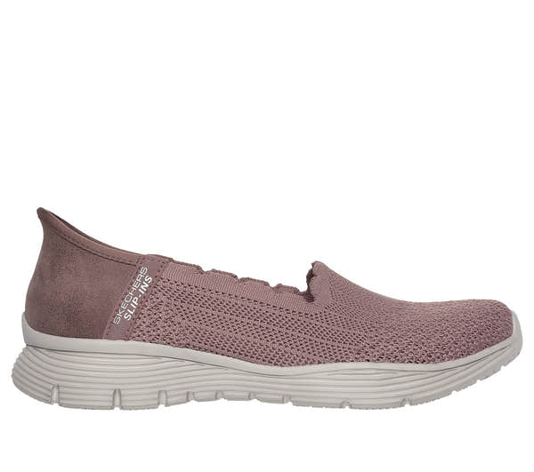 Skechers Seager Believe It women's mauve slip-on sneakers with breathable textile upper and cushioned sole.