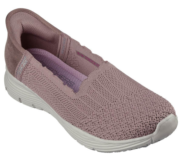 Skechers Seager Believe It women's mauve slip-on athletic shoes with breathable knit upper and foam sole.