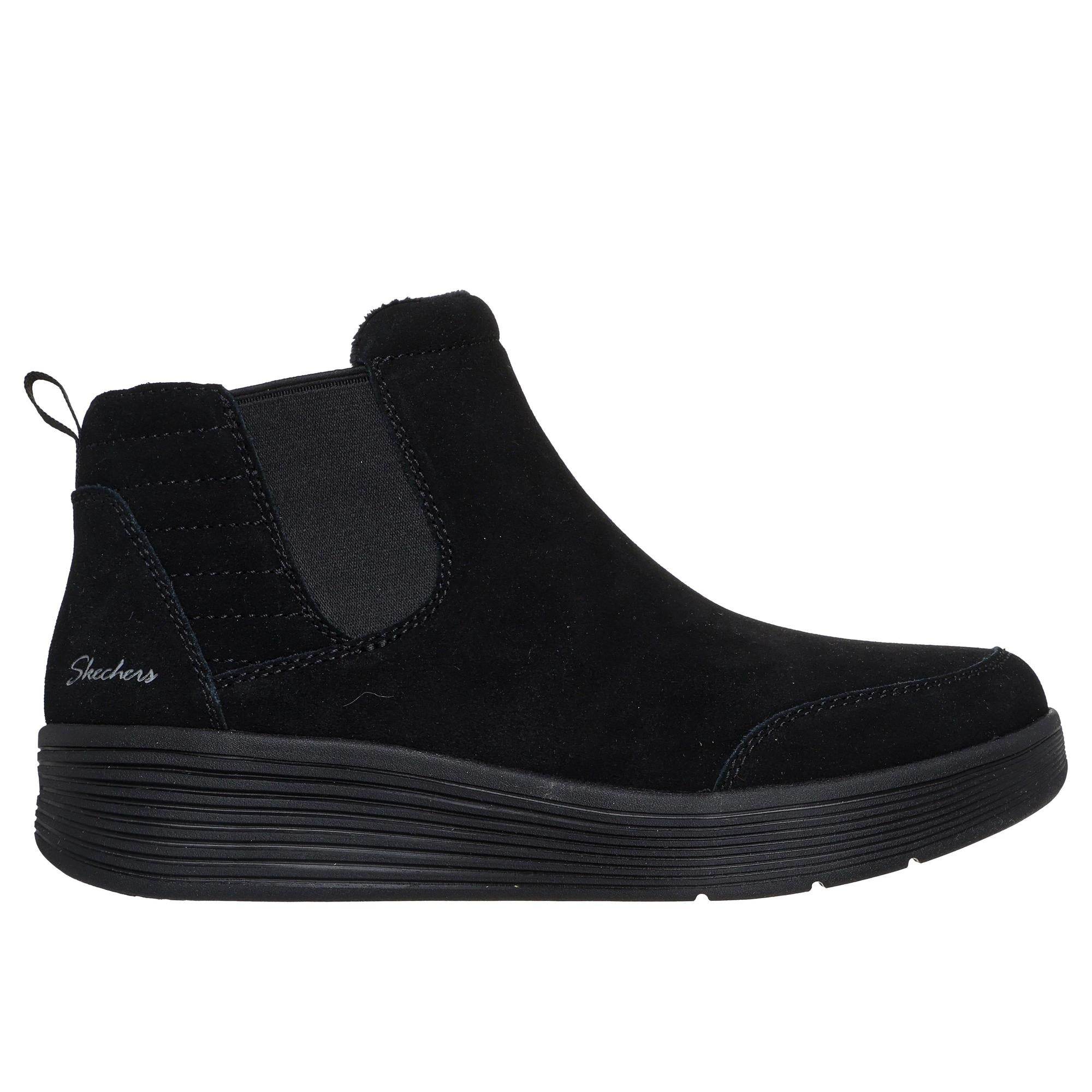 Skechers Arch Fit Laguna Women's Black Suede Pull-On Ankle Boots with arch support and slip-on design.