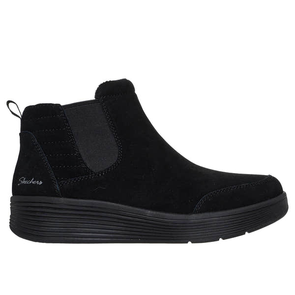 Skechers Arch Fit Laguna Women's Black Suede Pull-On Ankle Boots with arch support and slip-on design.