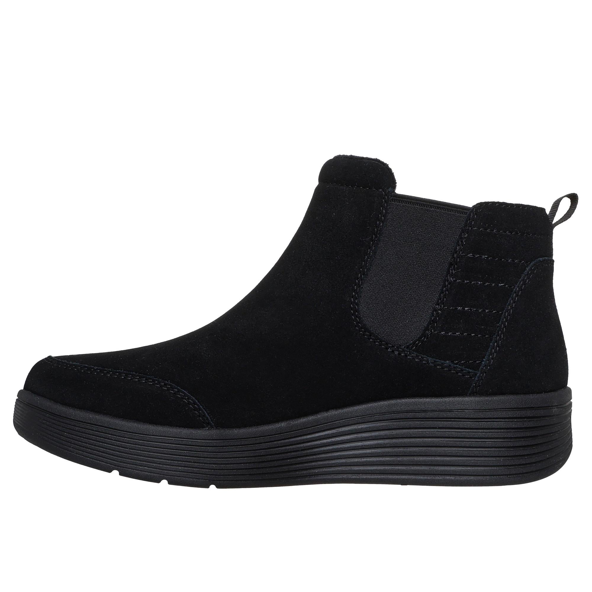 Skechers Arch Fit Laguna black suede ankle boots with pull-on design, supportive arch, and slip-resistant sole.