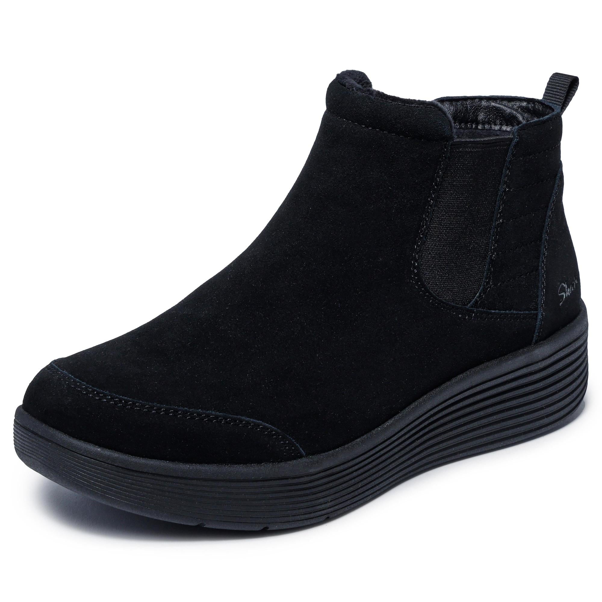Skechers Arch Fit Laguna Black Suede ankle pull-on boots with arch support and comfortable wedge sole for women.