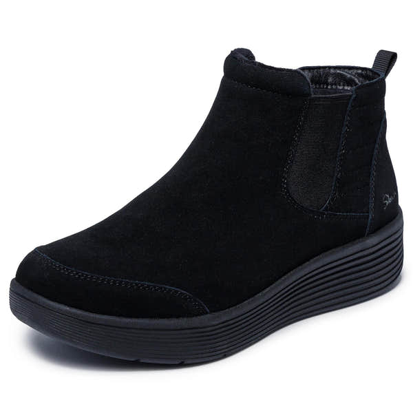 Skechers Arch Fit Laguna Black Suede ankle pull-on boots with arch support and comfortable wedge sole for women.