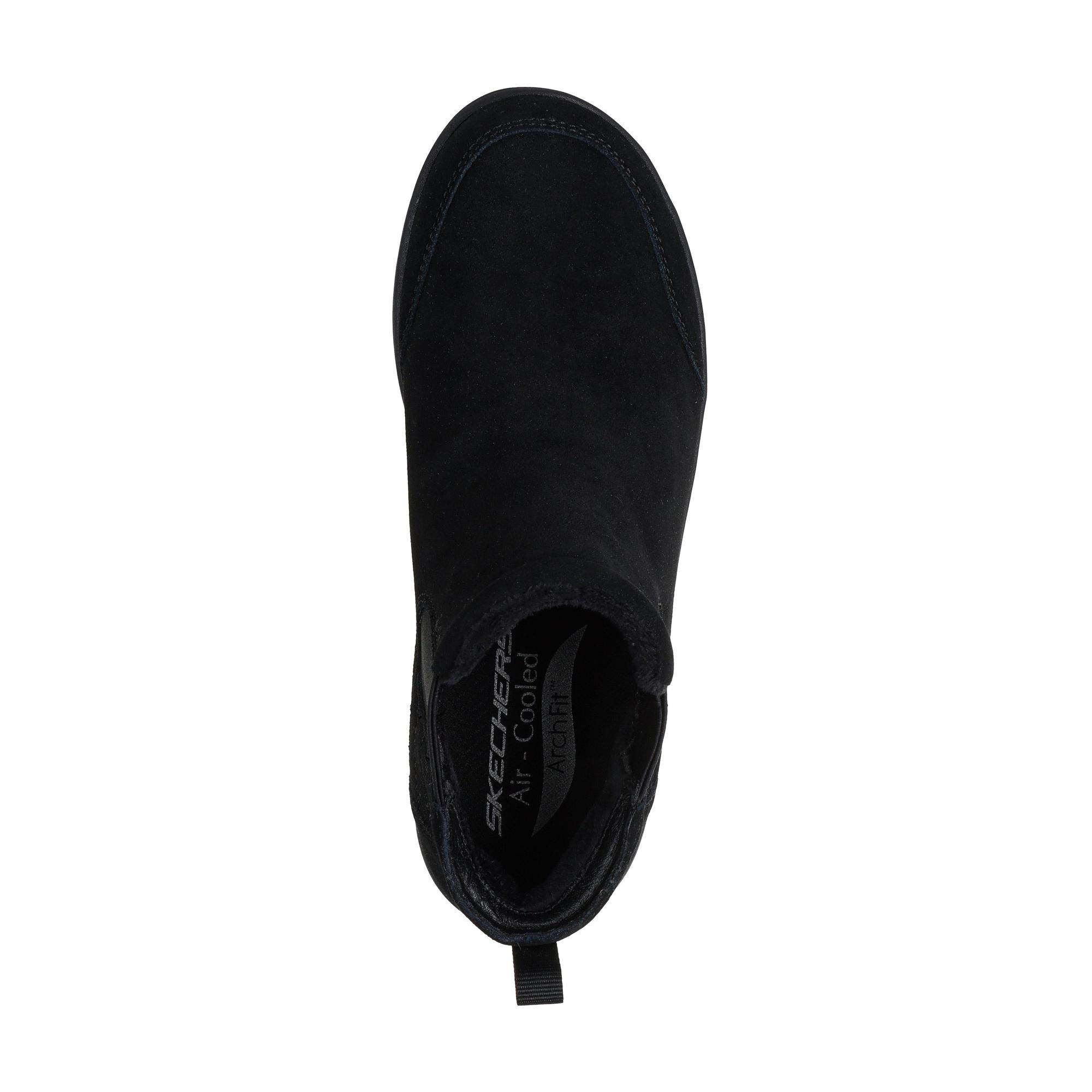 Skechers Arch Fit Laguna black suede pull-on ankle boots with arch support and slip-on design.