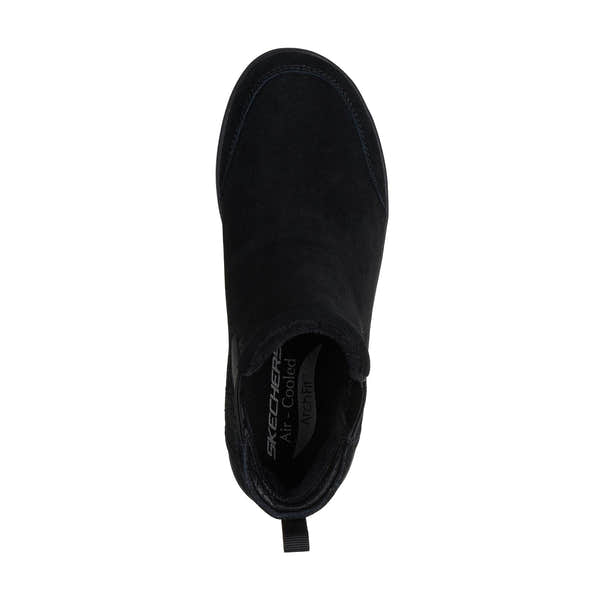 Skechers Arch Fit Laguna black suede pull-on ankle boots with arch support and slip-on design.