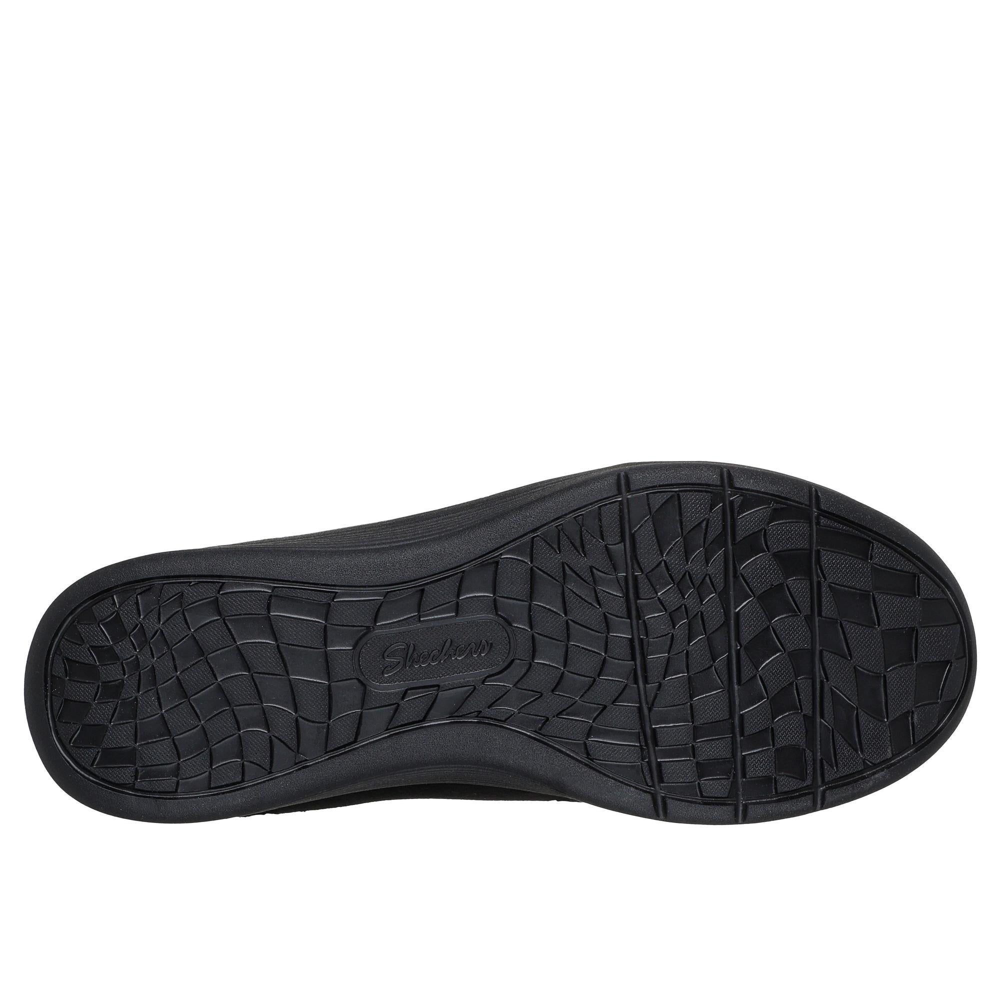 Skechers Arch Fit Laguna Harvest Moons Ladies Black Suede Pull-On Ankle Boots with rubber outsole and arch support.