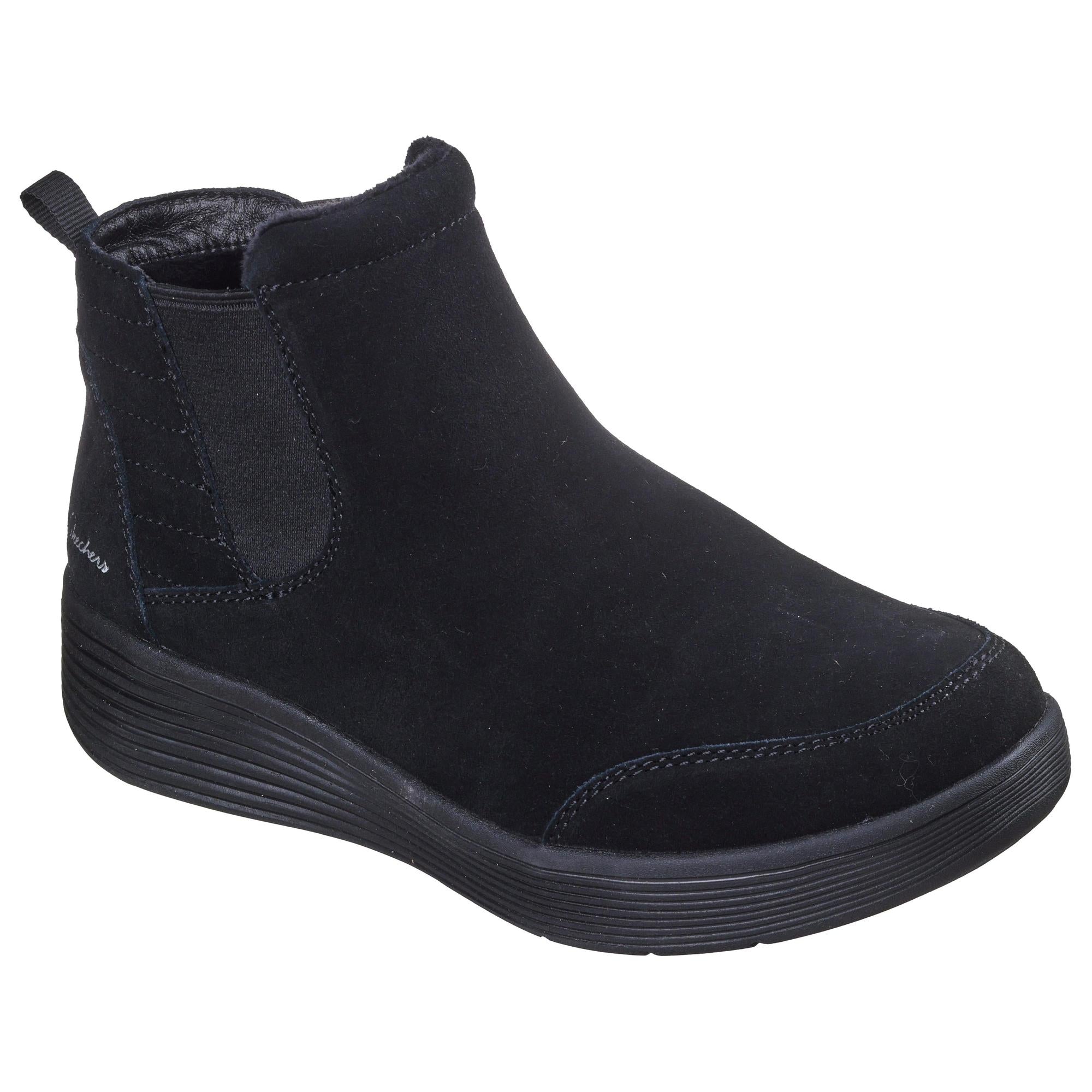 Skechers Arch Fit Laguna ankle boots for women, black suede pull-on style with arch support, comfort-oriented design.