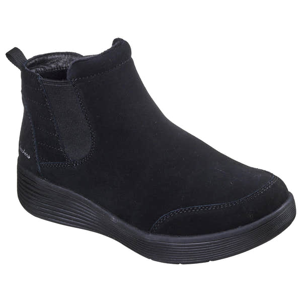 Skechers Arch Fit Laguna ankle boots for women, black suede pull-on style with arch support, comfort-oriented design.