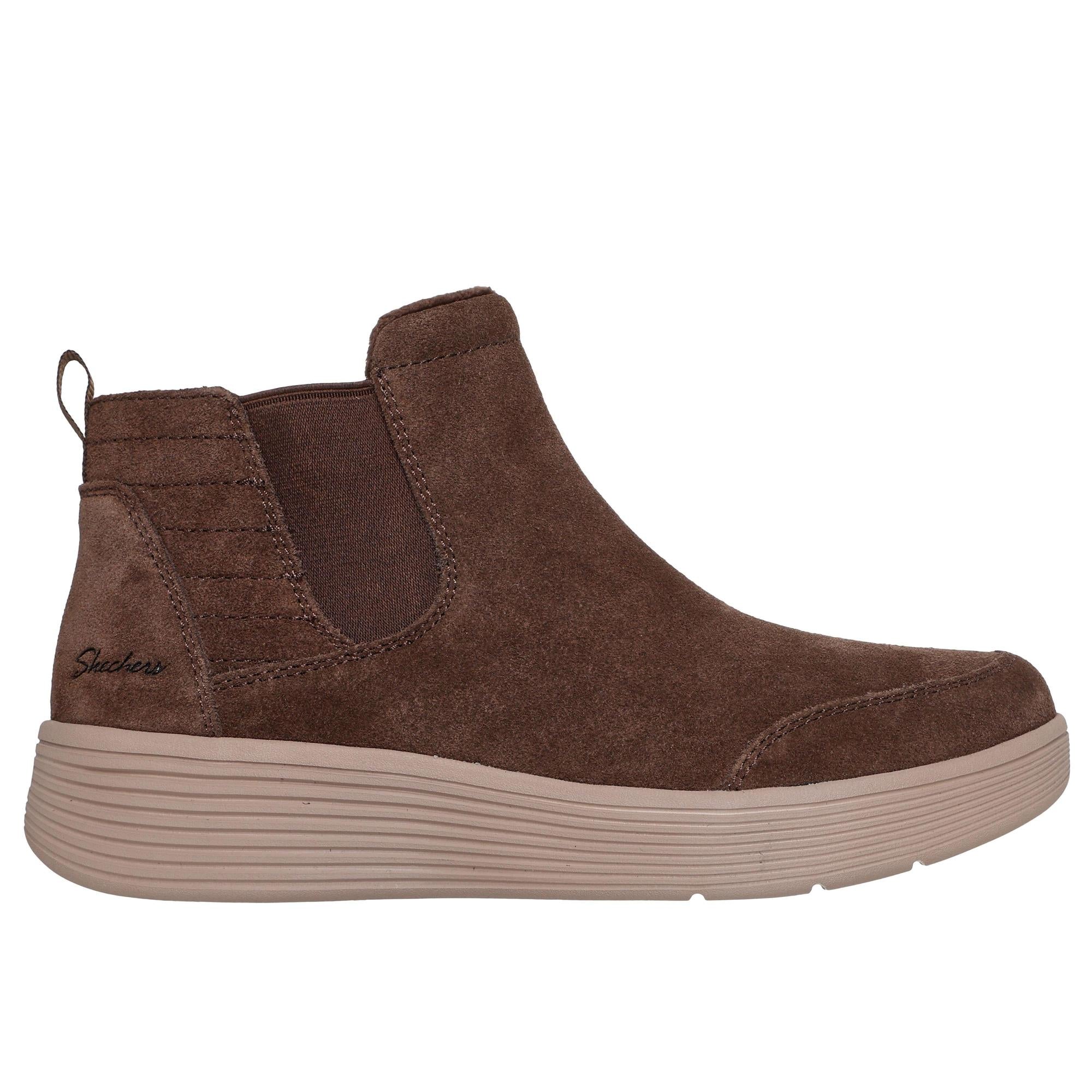Skechers Arch Fit Laguna Harvest Moons women's chocolate suede pull-on ankle boots with arch support and slip-on style.