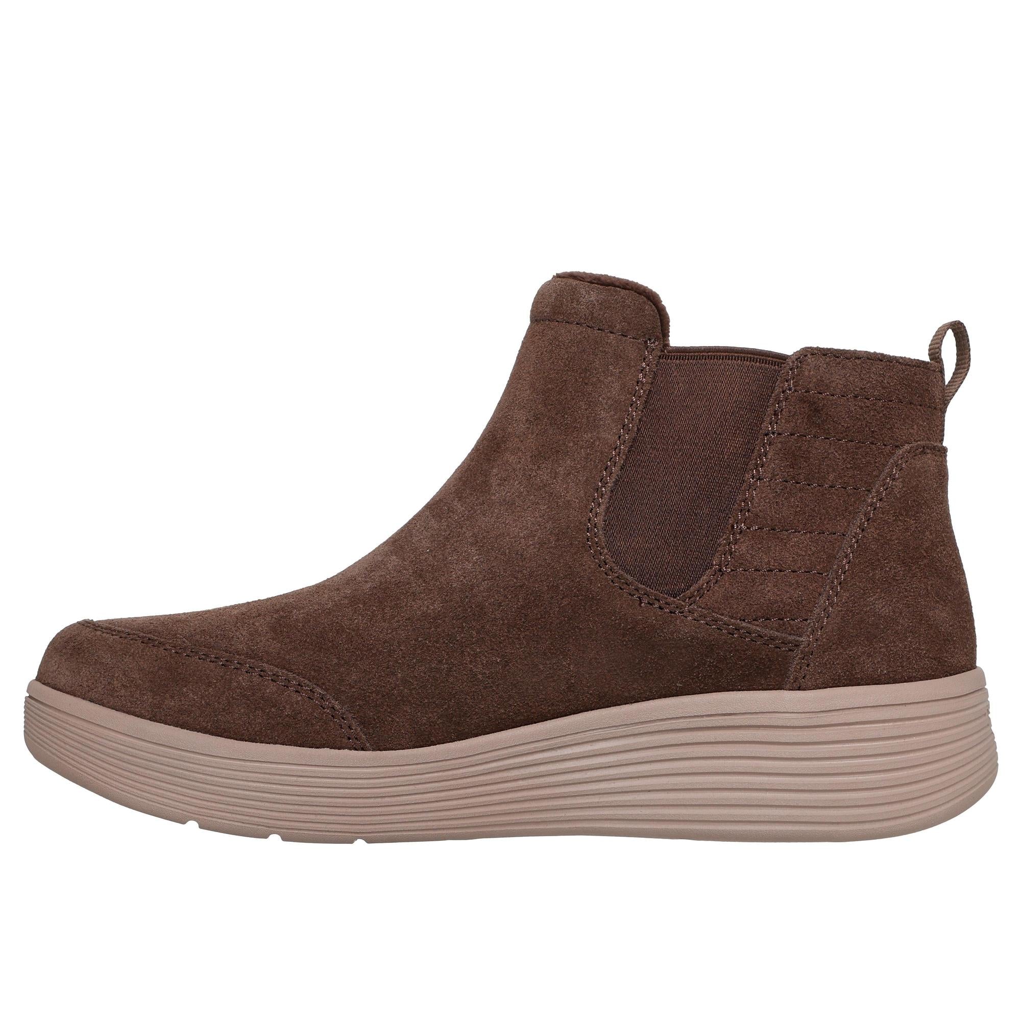 Skechers Arch Fit Laguna Harvest Moons women's chocolate suede ankle pull-on boots with arch support and a sporty sole.