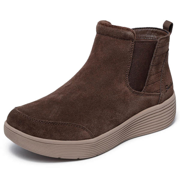 Skechers Arch Fit Laguna Ladies Chocolate Suede Ankle Boots with arch support and slip-on design.