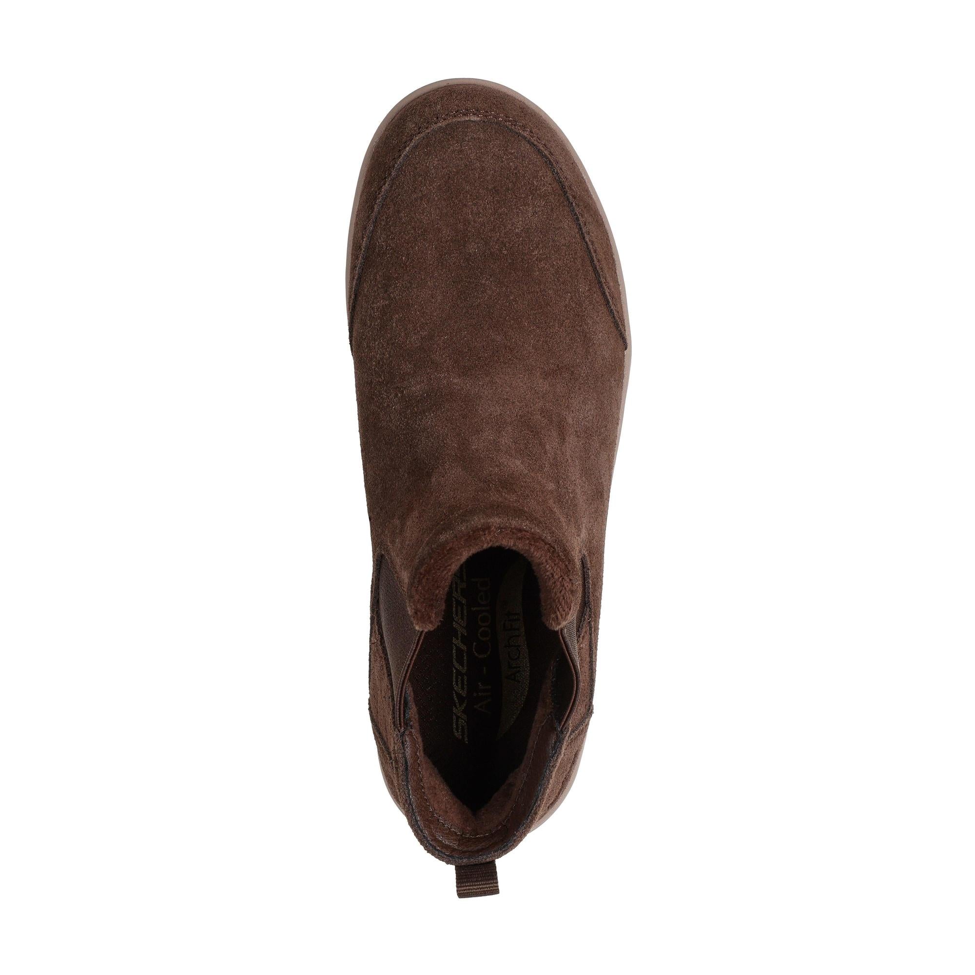 Skechers Arch Fit Laguna Women's Chocolate Suede Pull-On Ankle Boots with arch support and slip-on design.
