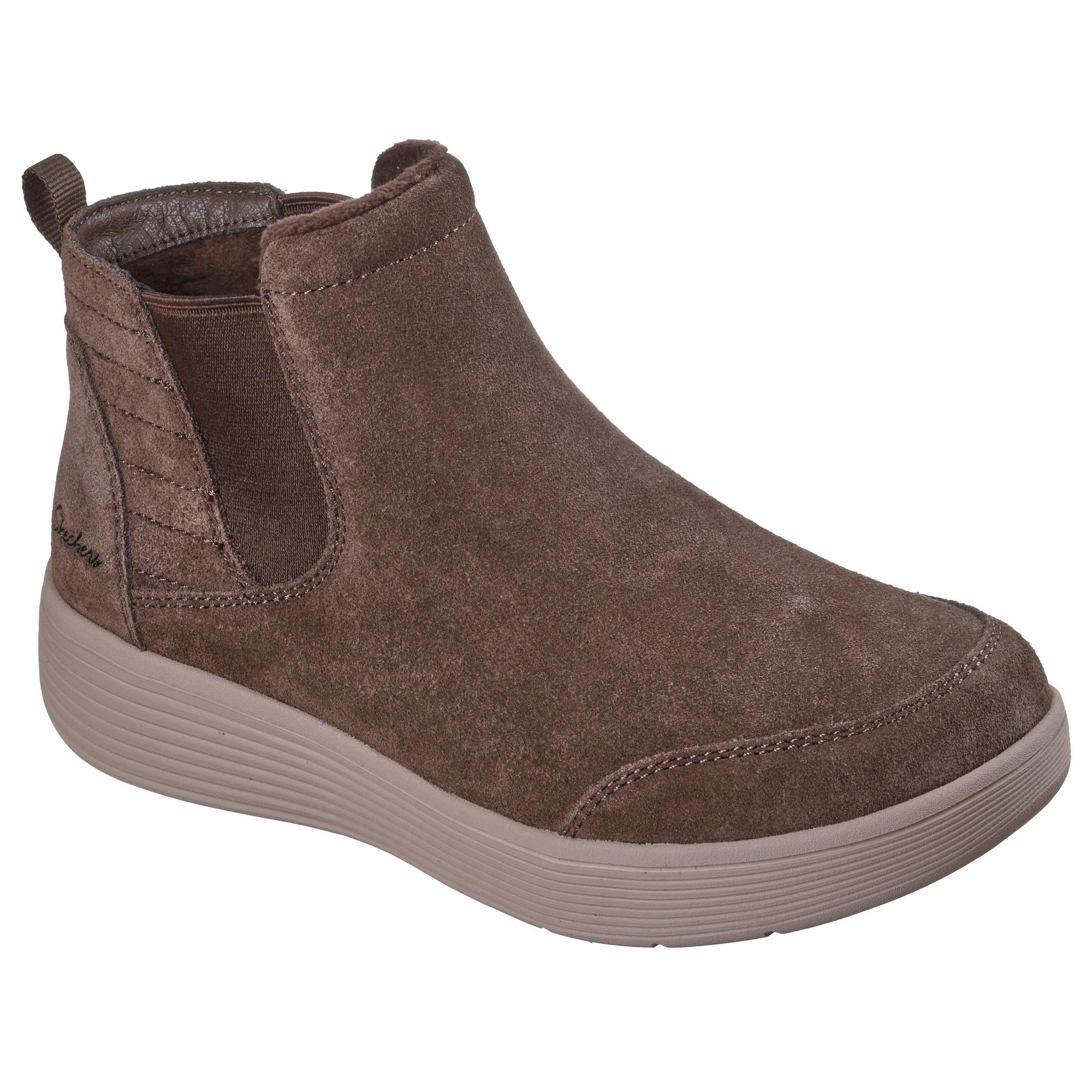 Skechers Arch Fit Laguna Harvest Moons women's chocolate suede ankle boots with arch support and pull-on style.