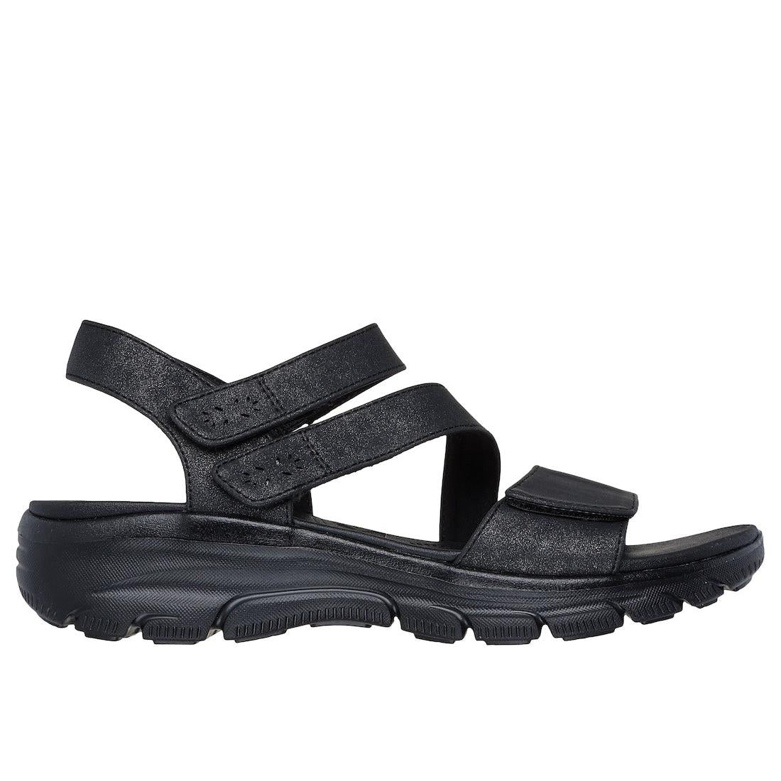 Skechers women's black vegan sandal with adjustable touch fastening straps, cushioned sole, and rugged outsole for all-day comfort.