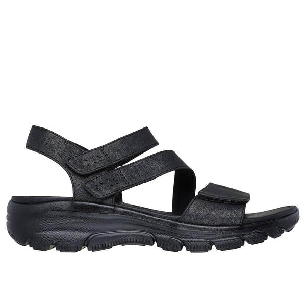 Skechers women's black vegan sandal with adjustable touch fastening straps, cushioned sole, and rugged outsole for all-day comfort.